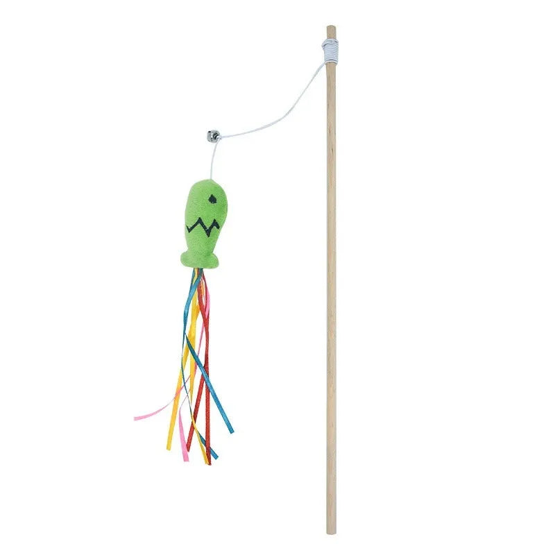 Cat wand toy with wooden handle, elastic string, catnip fish, colourful ribbons and metal bell