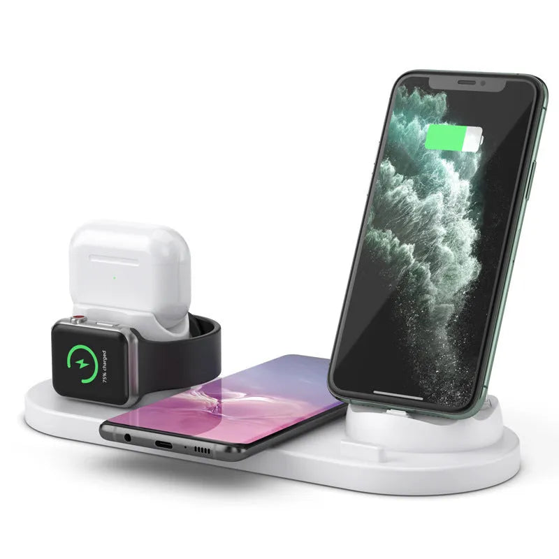 Black and white multifunctional wireless charging mobile phone holder with multiple device charging areas