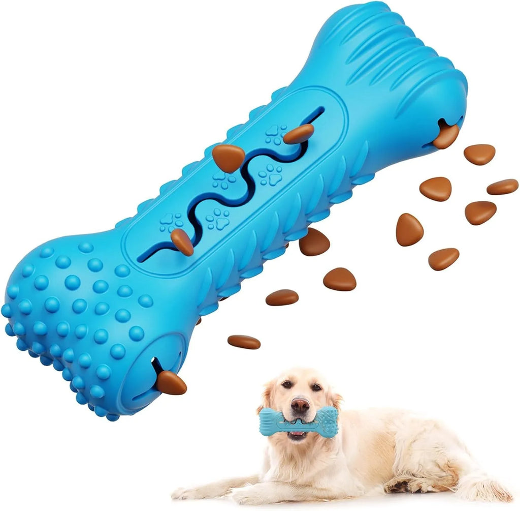 Blue bone-shaped natural rubber dog chew toy on a white background