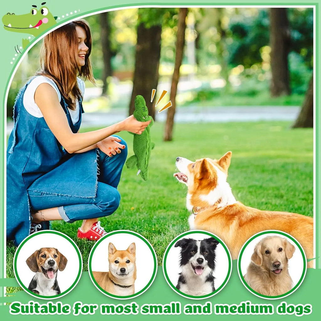 Green crocodile-shaped plush dog toy with no stuffing, for aggressive chewing.