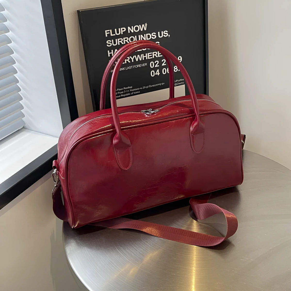 Women's lightweight PU leather travel bag with 20-35L capacity, dry wet separation, and wine red, black, or beige colour options