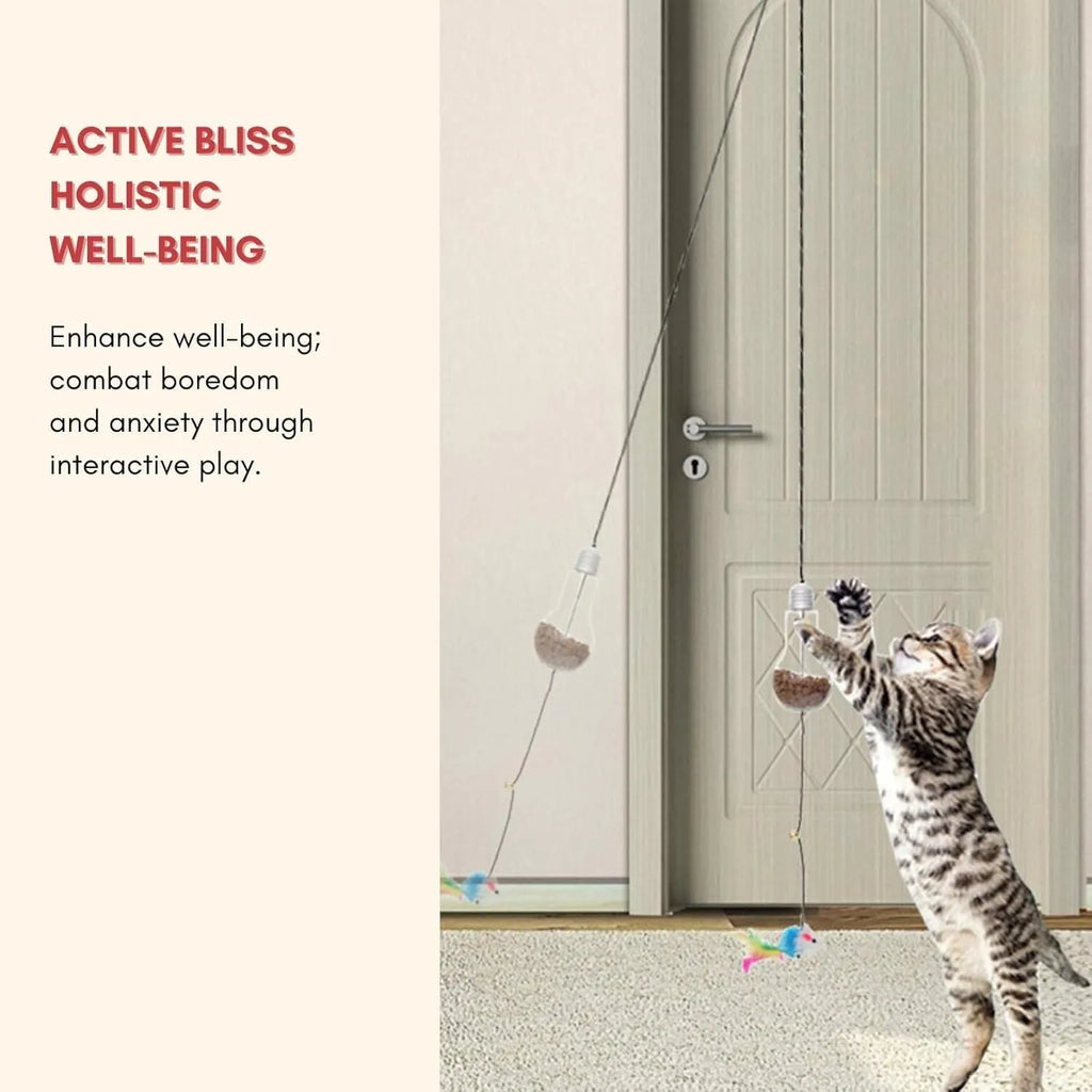 Grey and yellow interactive cat toy hanging on door with dangling mouse, treat bulb, and retractable cord