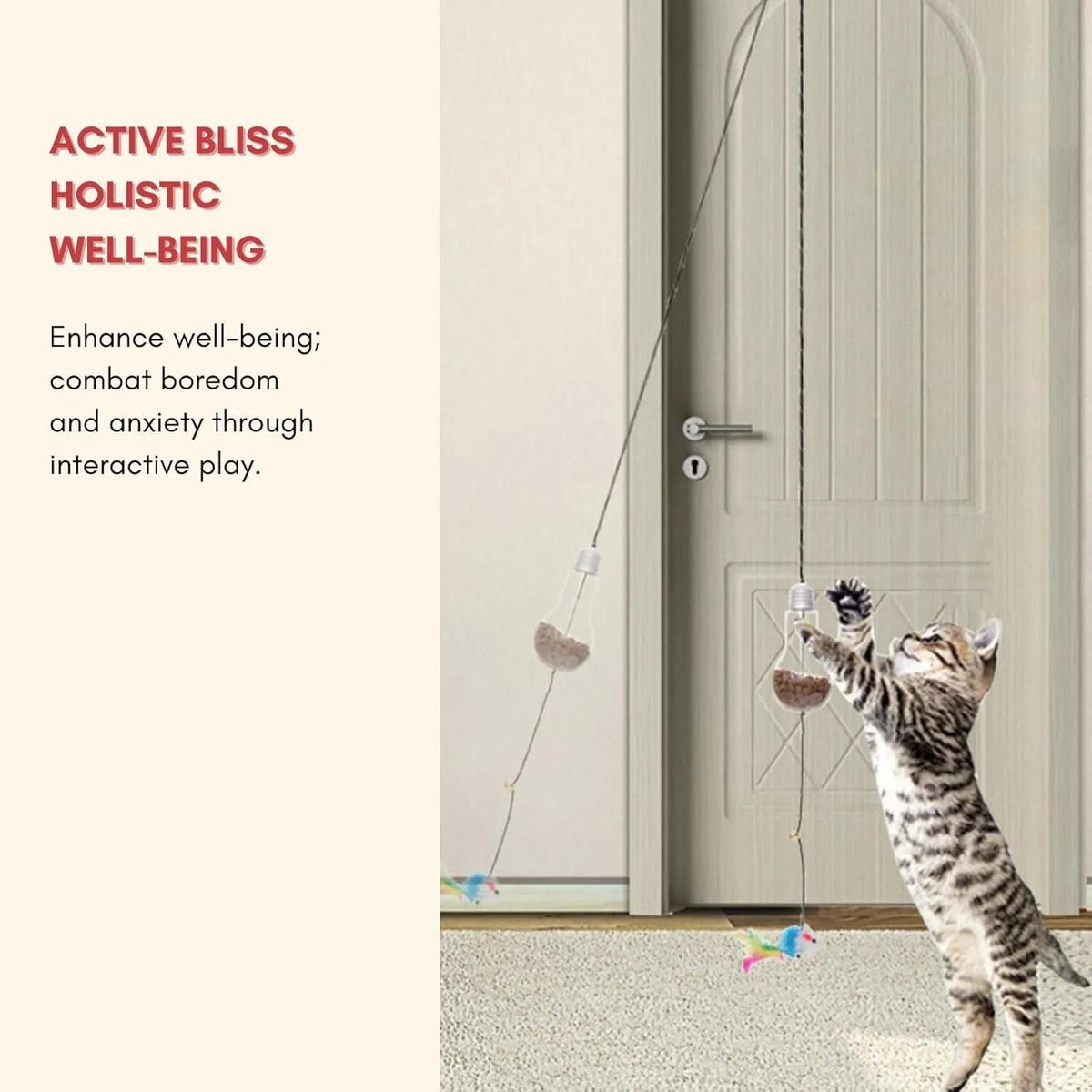 Grey and yellow interactive cat toy hanging on door with dangling mouse, treat bulb, and retractable cord