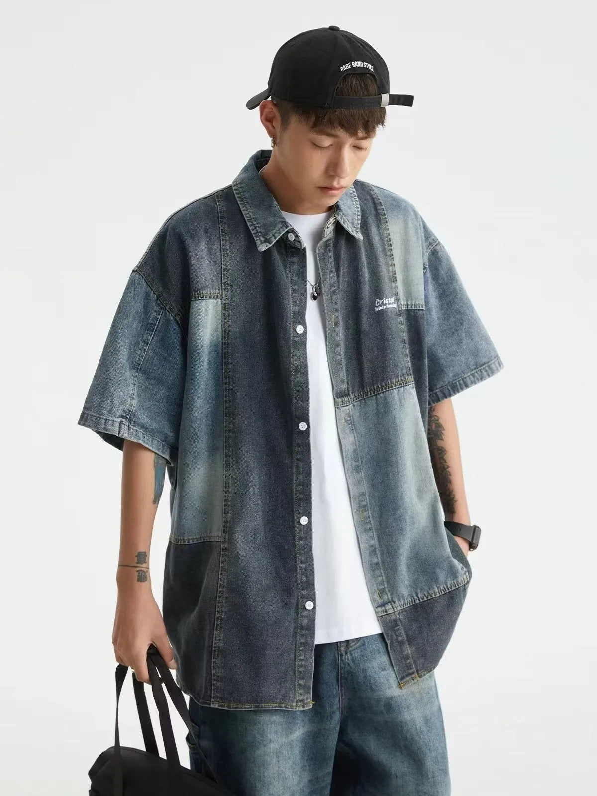 Blue Japanese-style retro washed denim shirt with loose cardigan fit and stitching detail