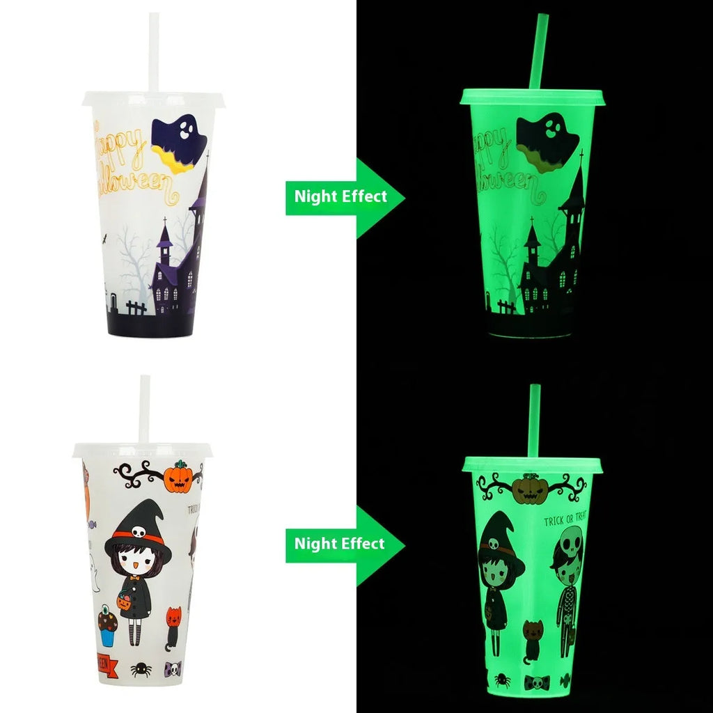 720ml plastic Halloween sippy cup with luminous straw showing cylindrical shape