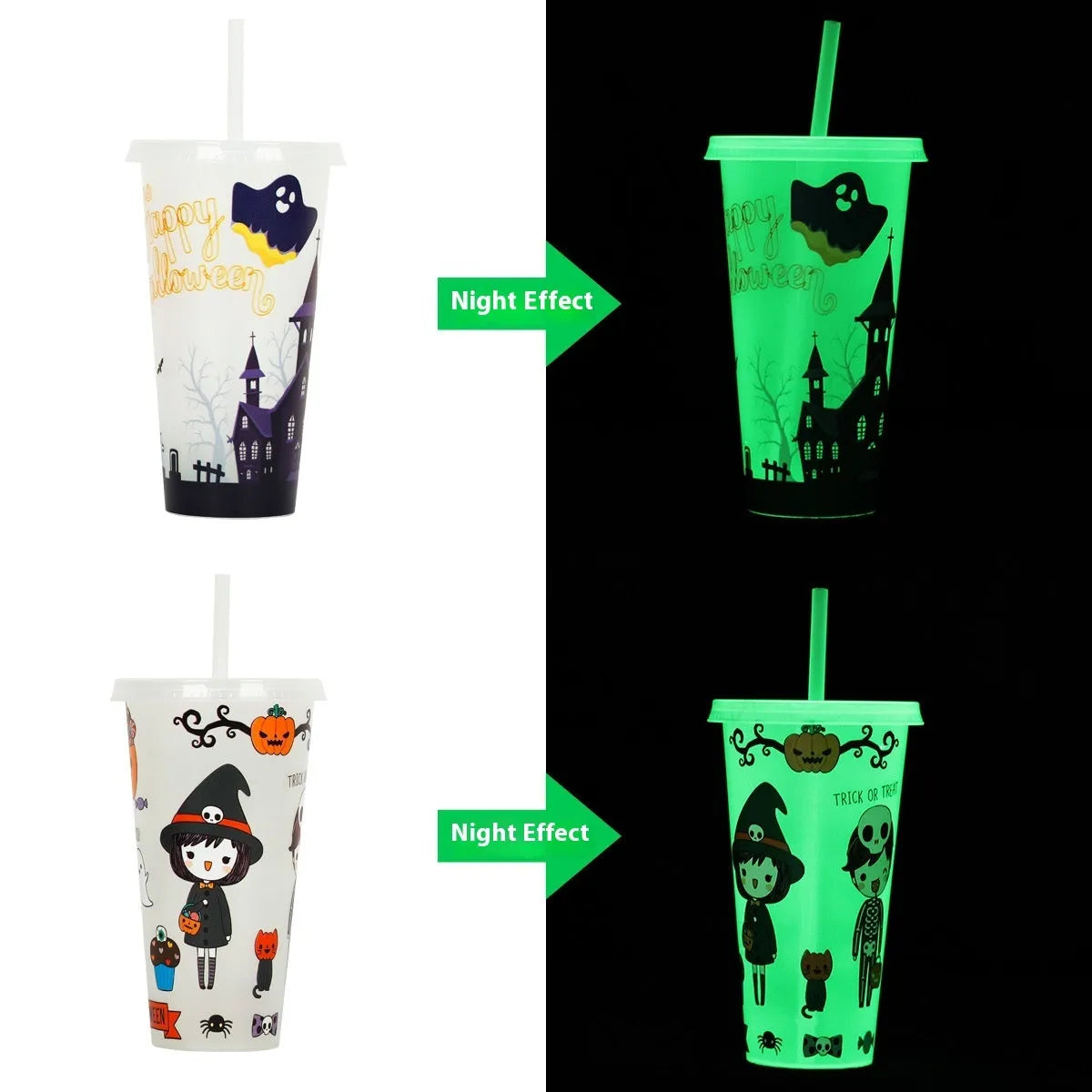 720ml plastic Halloween sippy cup with luminous straw showing cylindrical shape
