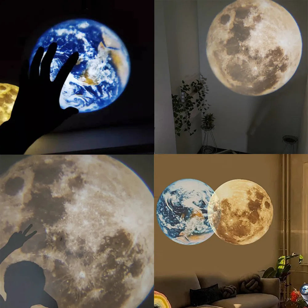 USB-powered earth and moon star projector night light with adjustable hose bracket on a bedside table.