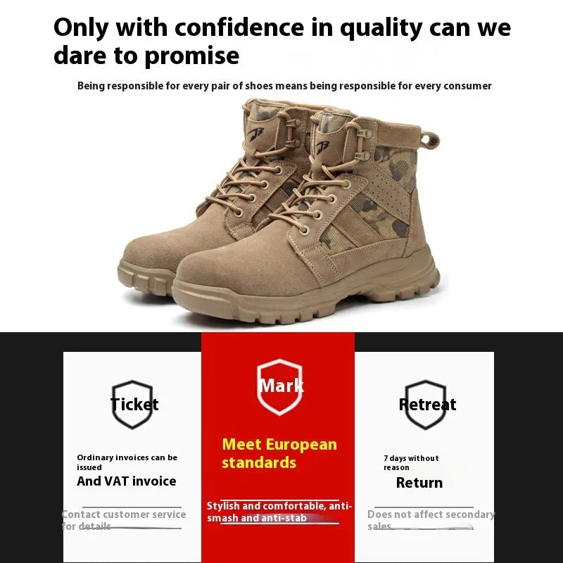 Khaki suede high-top safety combat boots with a steel toe cap and front lace-up closure on a rubber sole.