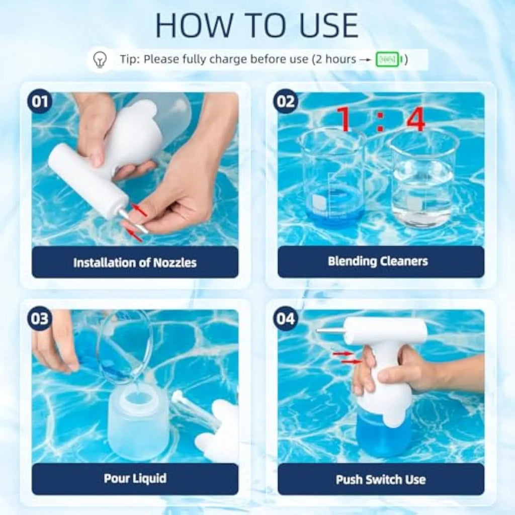 White electric foam soap dispenser with two nozzles and USB cable for rechargeable pet and home cleaning.