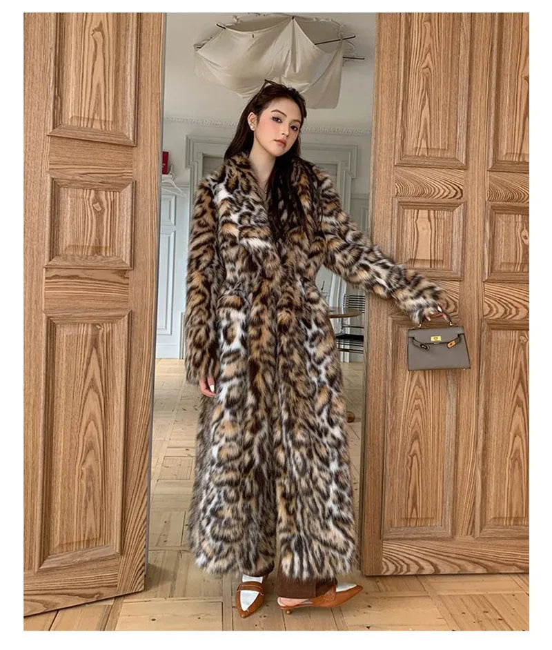 Artificial fur coat with faux fur fabric and fur collar in street fashion style