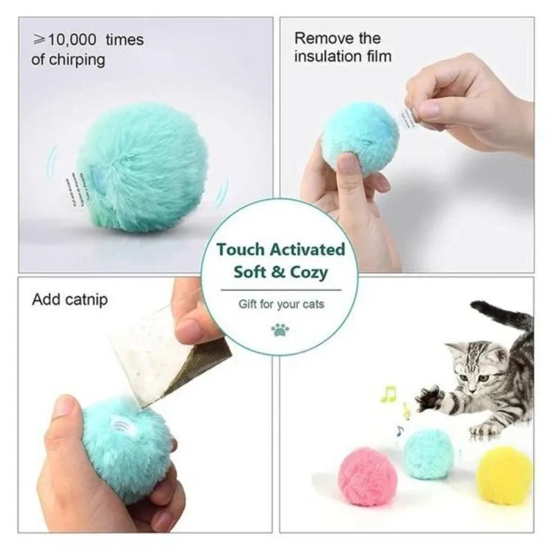 55mm diameter interactive cat toy ball in blue, pink or yellow colours with animal sound effects