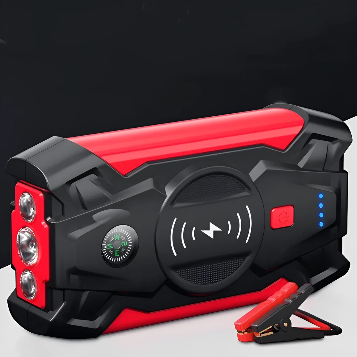 Red portable car jump starter unit with booster clamps and charger in storage box