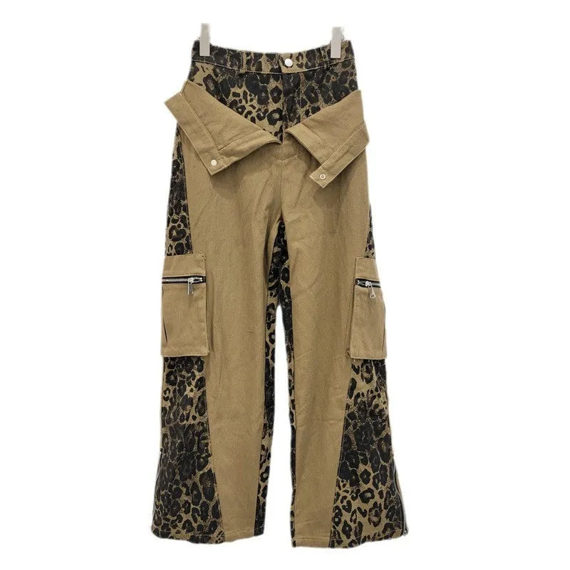 Dark khaki leopard print high-waist straight-leg jeans with tooling style stitching details