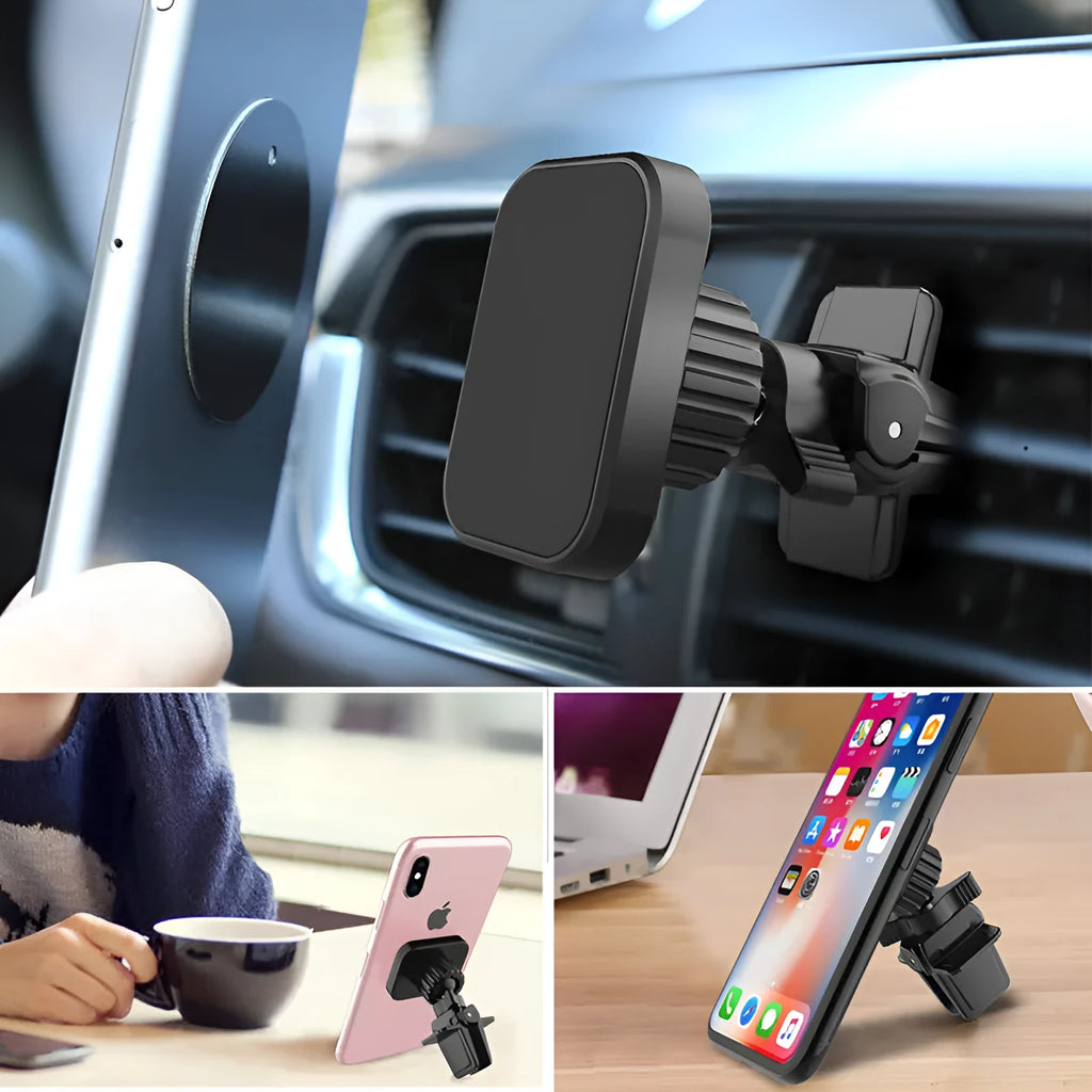 Black car magnetic phone holder attached to vehicle air vent with mobile phone mounted