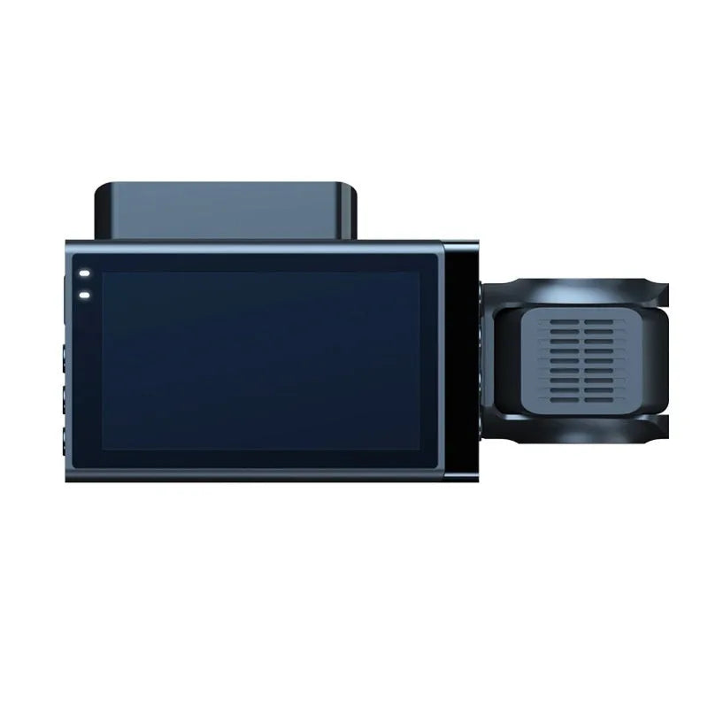 Black car dash camera with 5 inch screen showing road recording display
