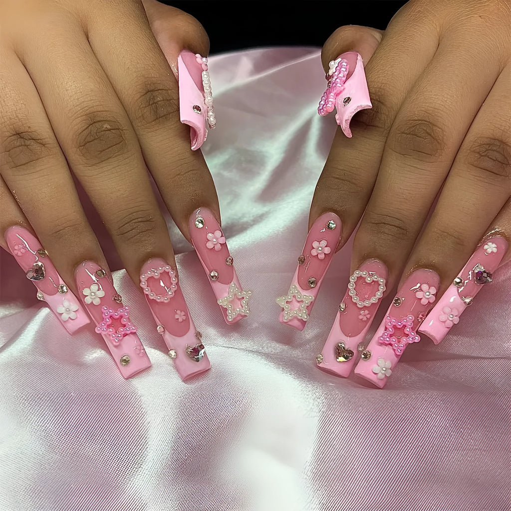 French manicure nail tips with spot drill bow design and super long water pipe shape in XB-70-48 colour