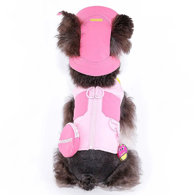 Pink polyester pet vest for a small dog on a mannequin, showing casual styling.