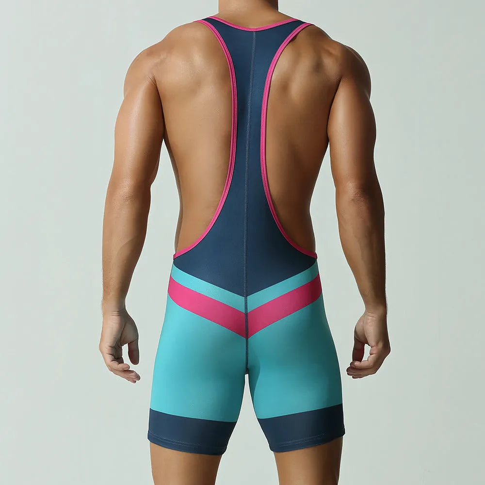 Men's solid colour quick-drying polyester sports vest jumpsuit with long shorts.