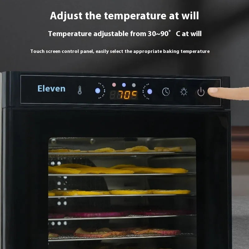 Stainless steel fruit dehydrator appliance with multiple stacking trays and an LED control panel.
