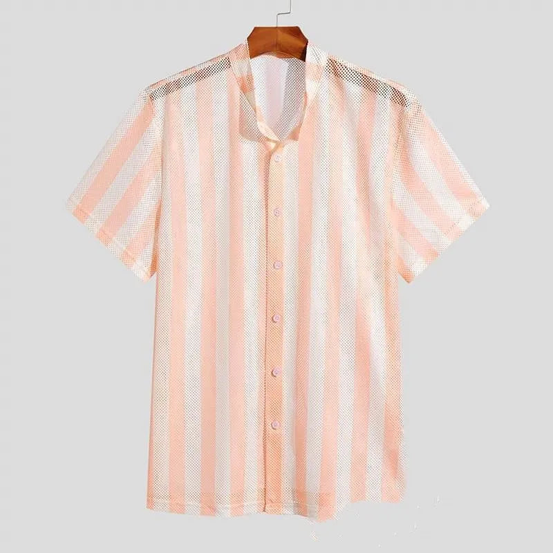 Pink men's loose fit cardigan style summer shirt with waffle knit pattern and short sleeves