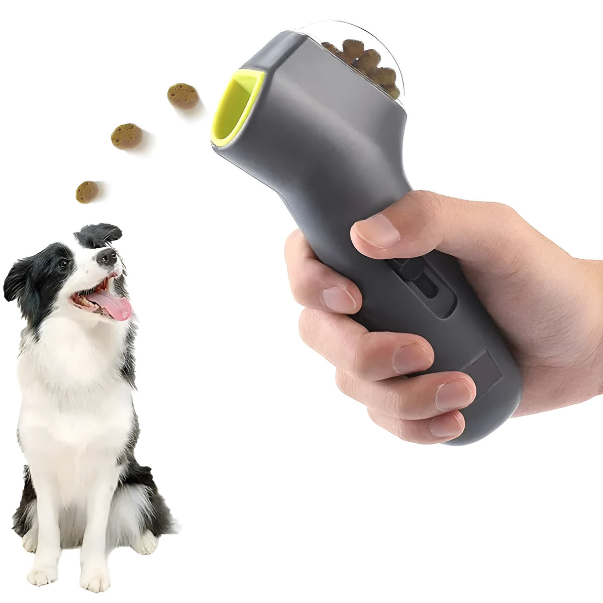 Grey pet snack catapult launcher toy measuring 18cm for dog and cat training