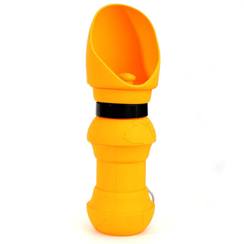 Silicone pet folding travel water cup shown in blue, collapsed flat and unfolded.