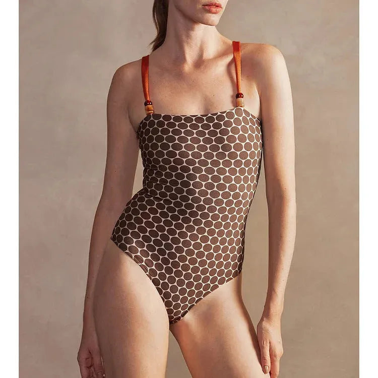 Women's dot print one-piece swimsuit with wrap skirt in European styling