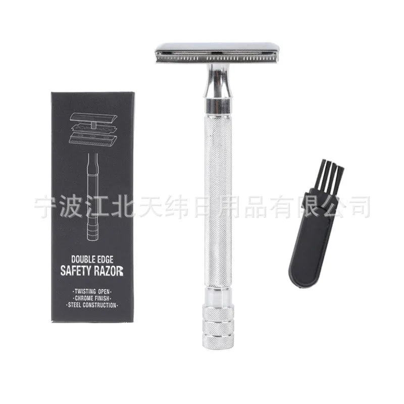 Old-fashioned manual metal shaver and brush set for traditional wet shaving, shown in black and silver options.