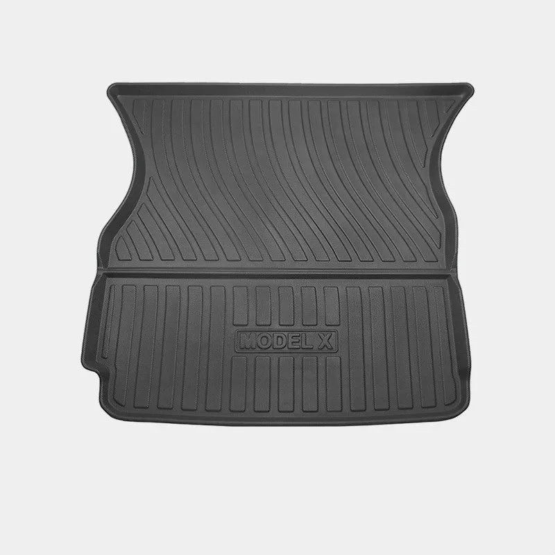 Tesla Model X waterproof black rubber floor mats and tailbox liner for left-hand drive.