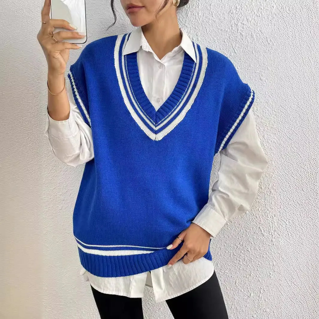 Women's college style acrylic wool vest sweater in loose fit pullover design