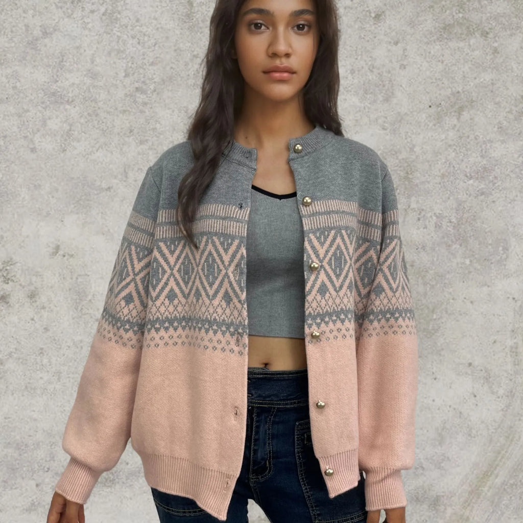 Women's alpaca wool cardigan with diamond knit pattern in contrast red, grey, or pink colours