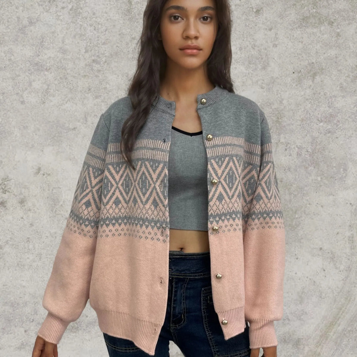 Women's alpaca wool cardigan with diamond knit pattern in contrast red, grey, or pink colours