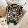 Green women's printed loose-fit sweater for casual commuting wear
