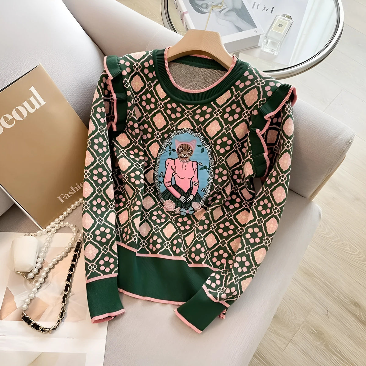 Green women's printed loose-fit sweater for casual commuting wear