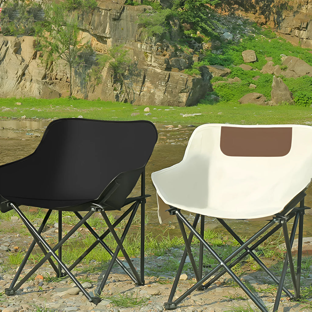 Folding outdoor chair with steel frame and Oxford cloth seat in a neutral colour.