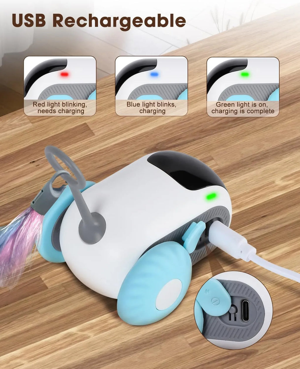 Smart cat toy car with remote control in blue colour showing feather teaser attachment