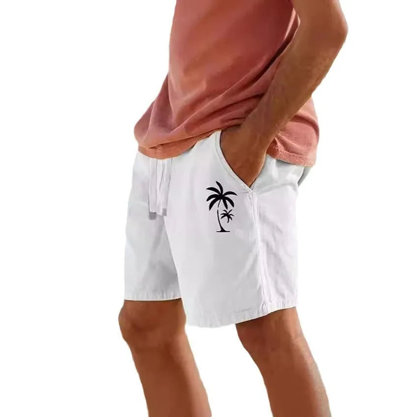 Men's elastic drawstring beach shorts in cotton blend fabric with plants pattern design