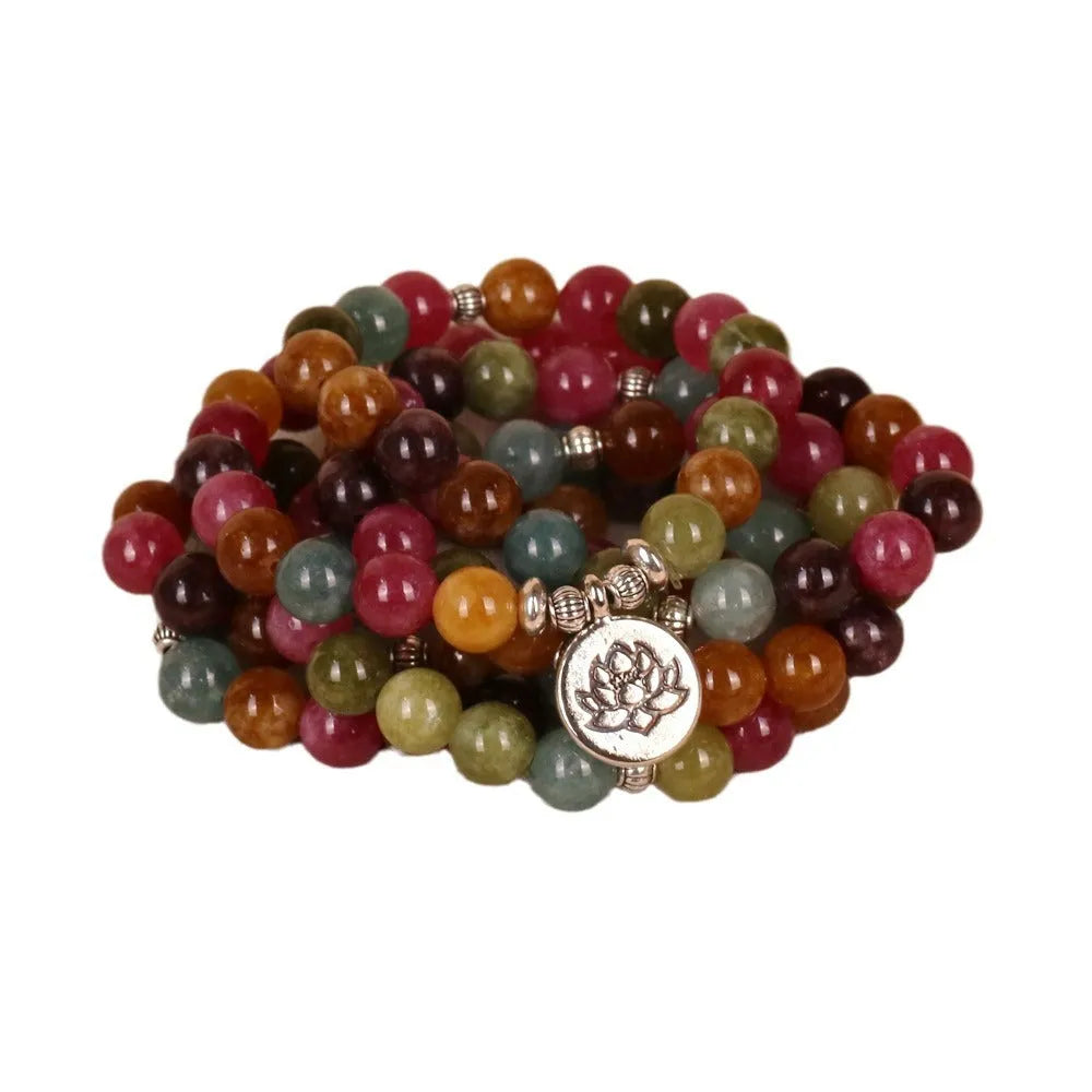 Lotus 108-bead hanging bracelet with multi-layer design in tourmaline colour and alloy construction
