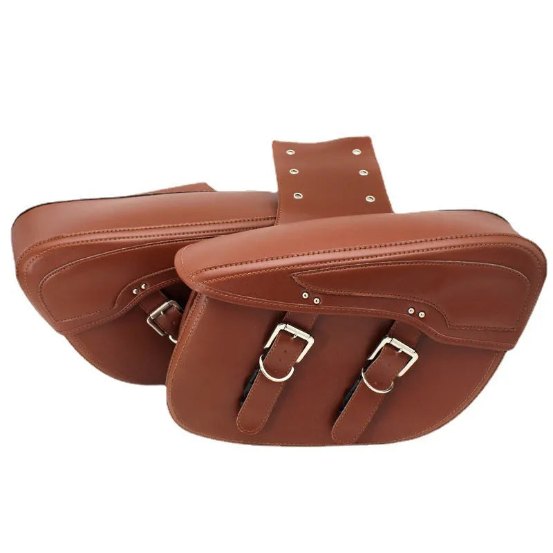 Retro style black PU leather motorcycle side box mounted on a bike, showing its saddle bag shape and size.