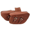Retro style black PU leather motorcycle side box mounted on a bike, showing its saddle bag shape and size.