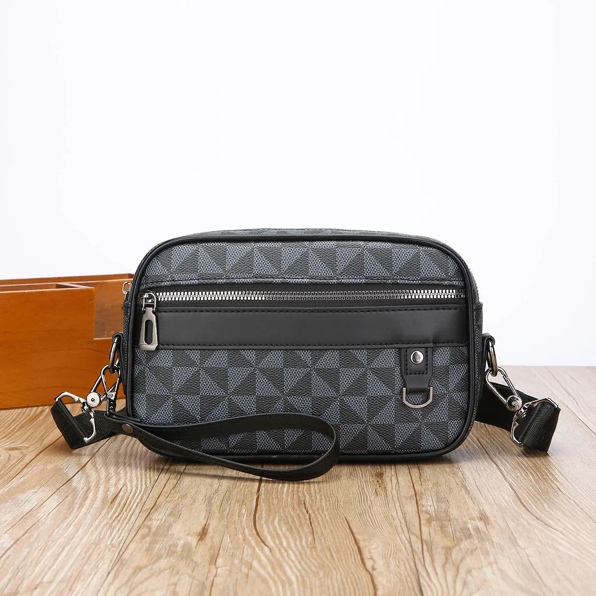 Men's geometric pattern shoulder messenger bag in PU leather with large capacity and horizontal design