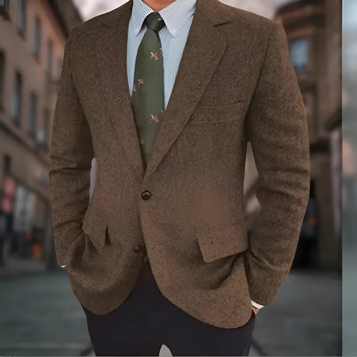 Men's brown herringbone suit jacket with long sleeves and retro business casual style.