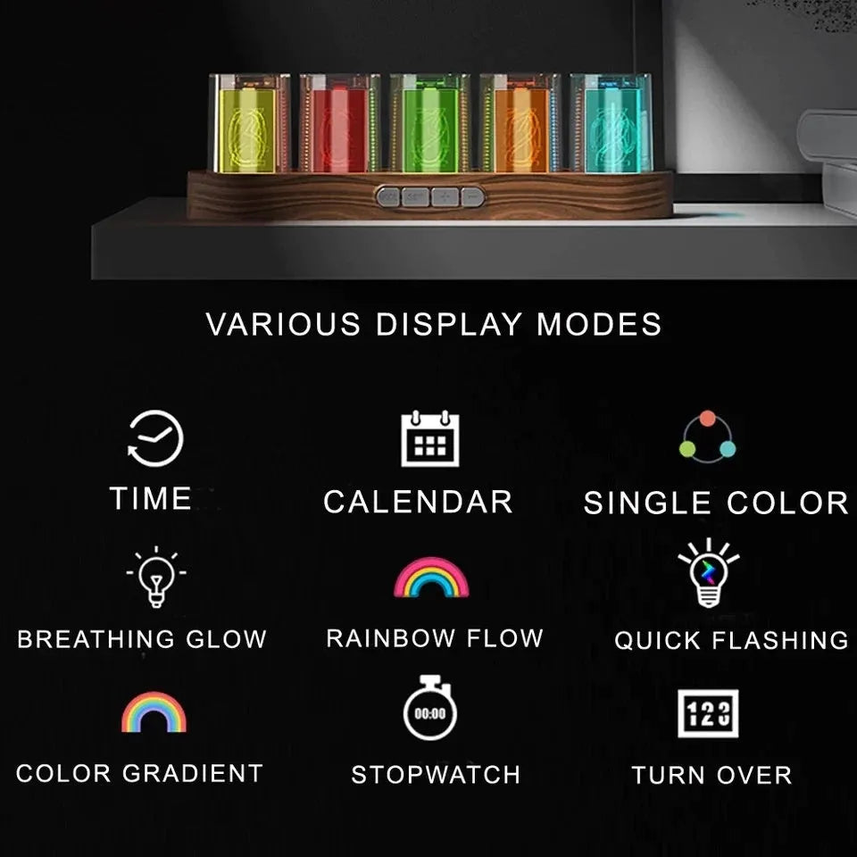 RGB Luminotron LED digital clock showing colourful display on desk in wood grain finish