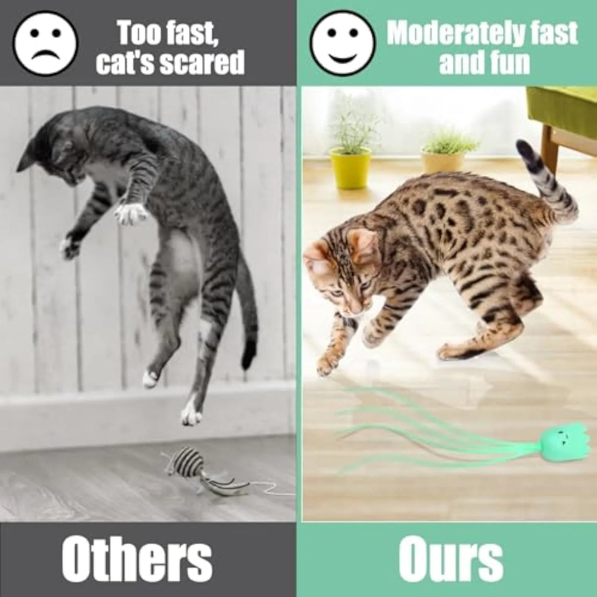 Green automatic cat toy with swinging silicone tails on a wooden floor.