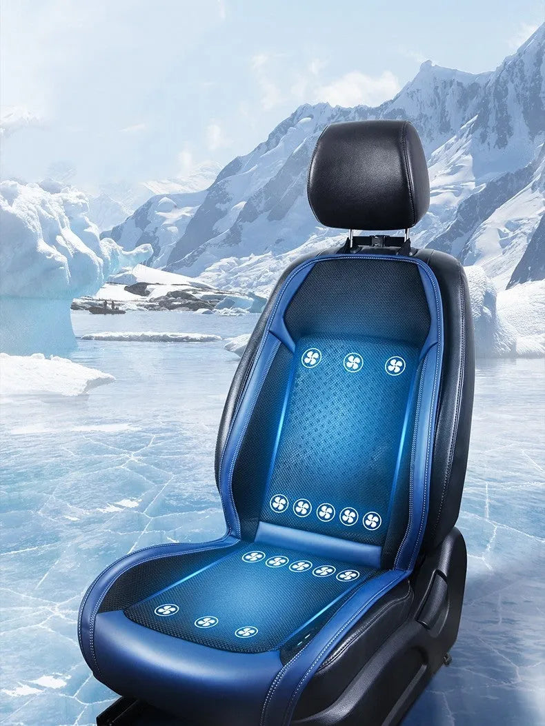 Car seat cooling pad with USB ventilation and massage functions in minimalist solid colour design