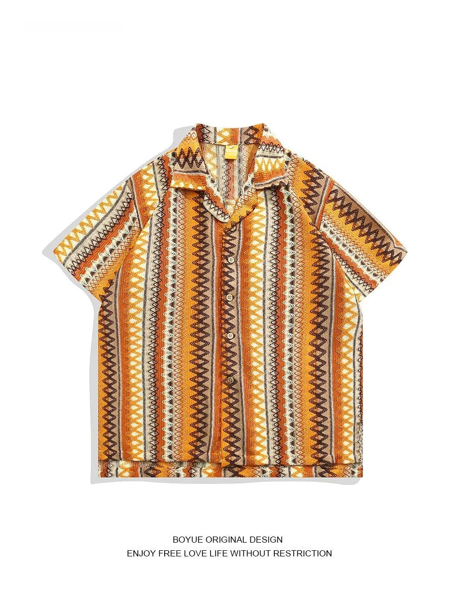 Ethnic style woven Cuban collar shirt in contrast colours with loose fit and drop shoulders.