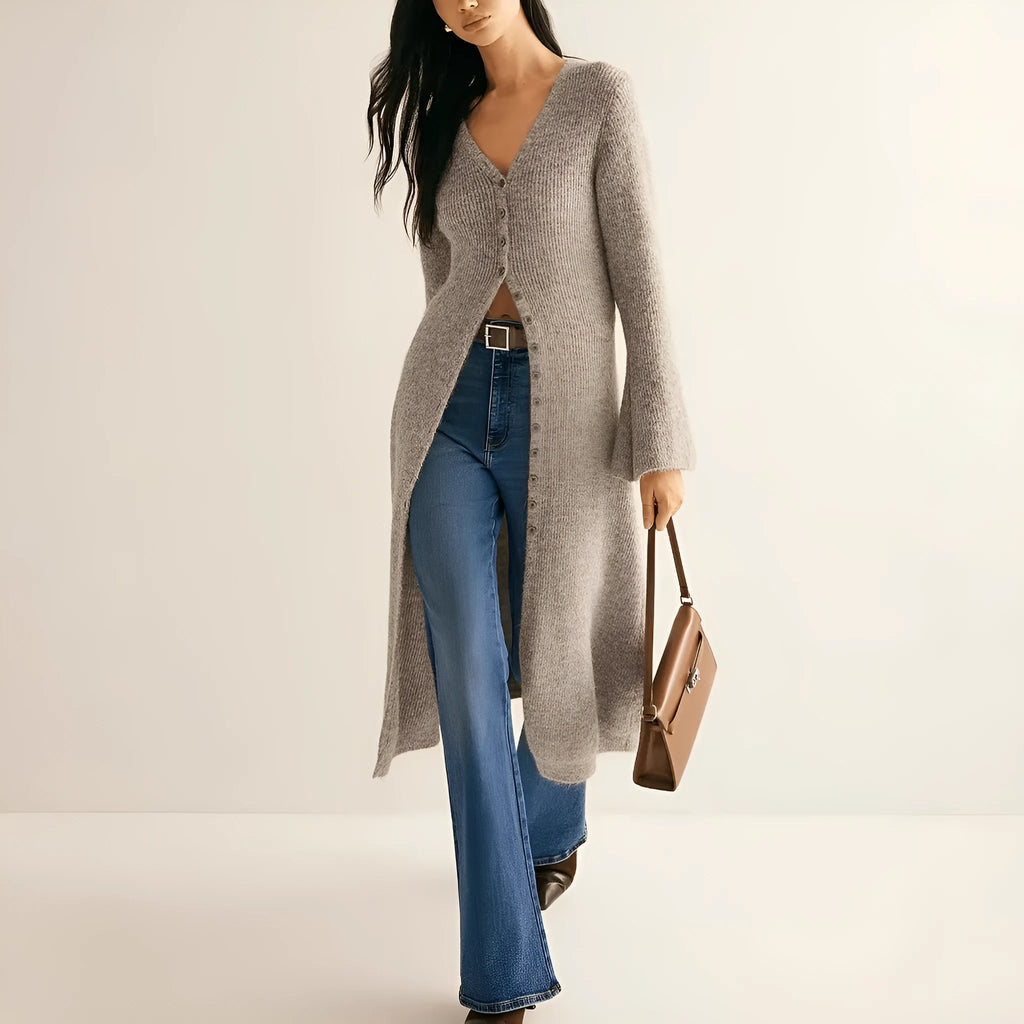 Women's khaki French retro style cardigan coat with long sleeves and button front closure