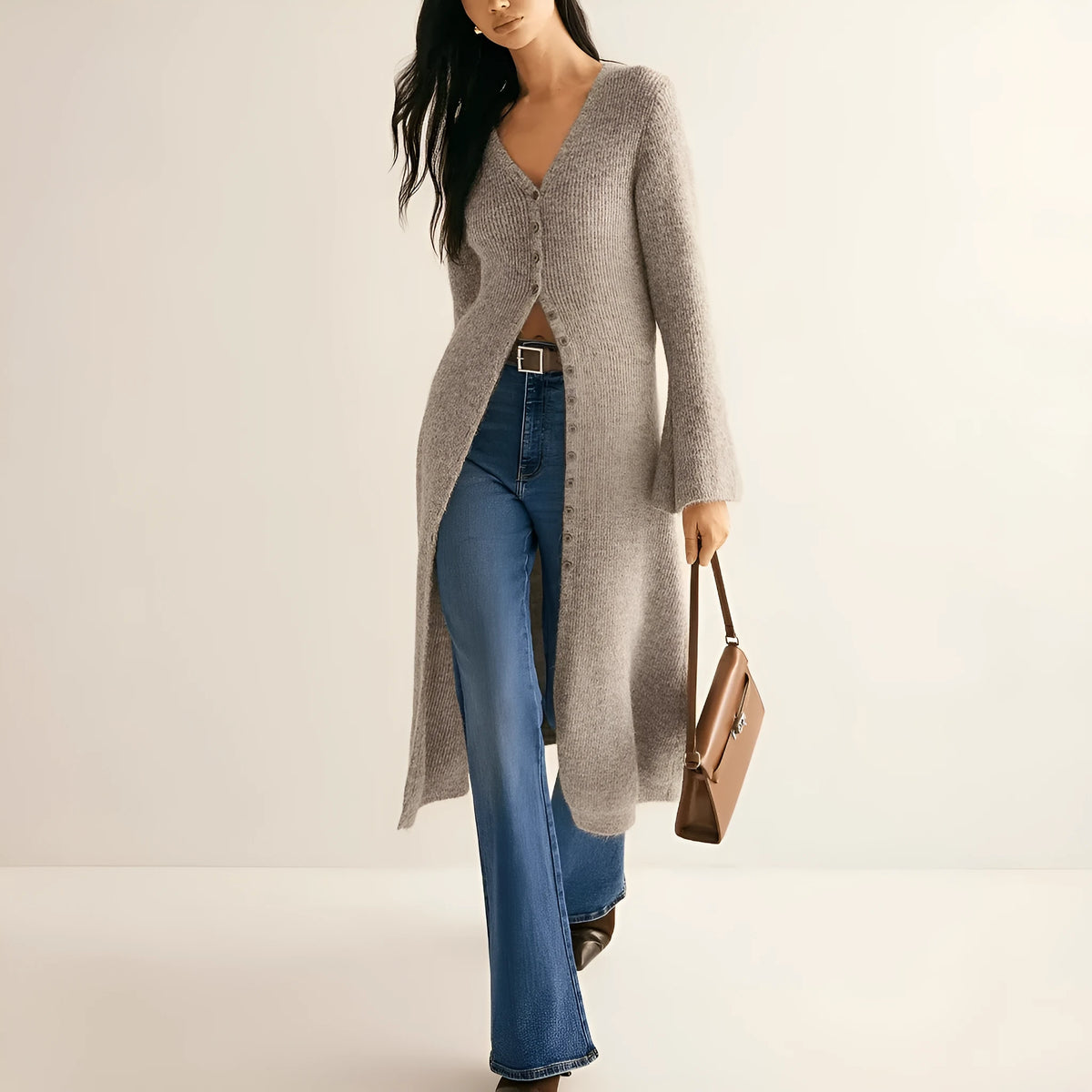 Women's khaki French retro style cardigan coat with long sleeves and button front closure