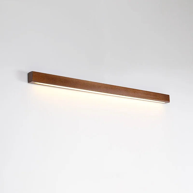 Walnut colour wooden strip wall lamp with LED lighting in minimalist design