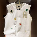 Men's black cotton sleeveless vest T-shirt with a cartoon print graphic, showing loose fit.